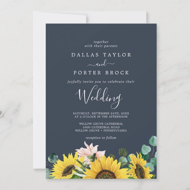 Eukalyptus rustic Sunflower | Hochzeit der Marine Einladung (Vorderseite)