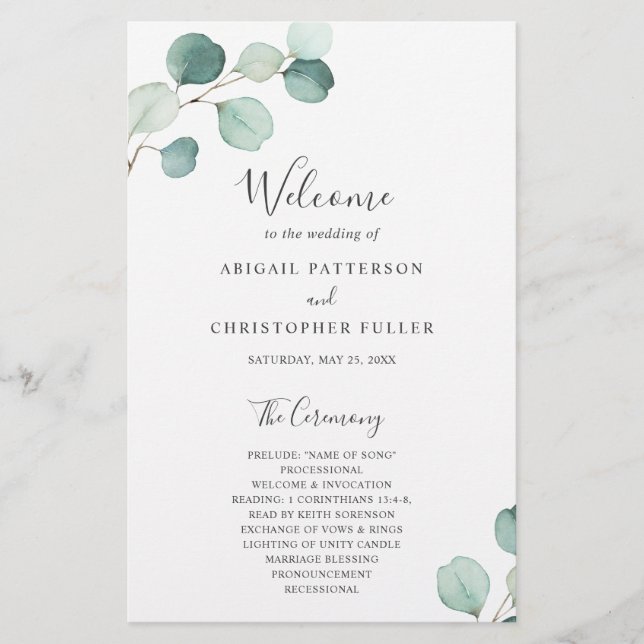Eukalyptus Rustic Wedding Program Simple Greenery (Vorderseite)