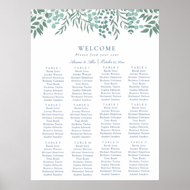 Eukalyptus Rustikale Grüne Hochzeitstabelle Poster (Vorne)
