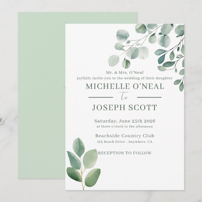 Eukalyptus Sage Green Watercolor Wedding Einladung (Vorne/Hinten)
