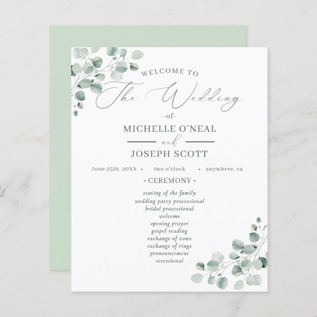 Eukalyptus Sage Green Watercolor Wedding Program (Vorne/Hinten)