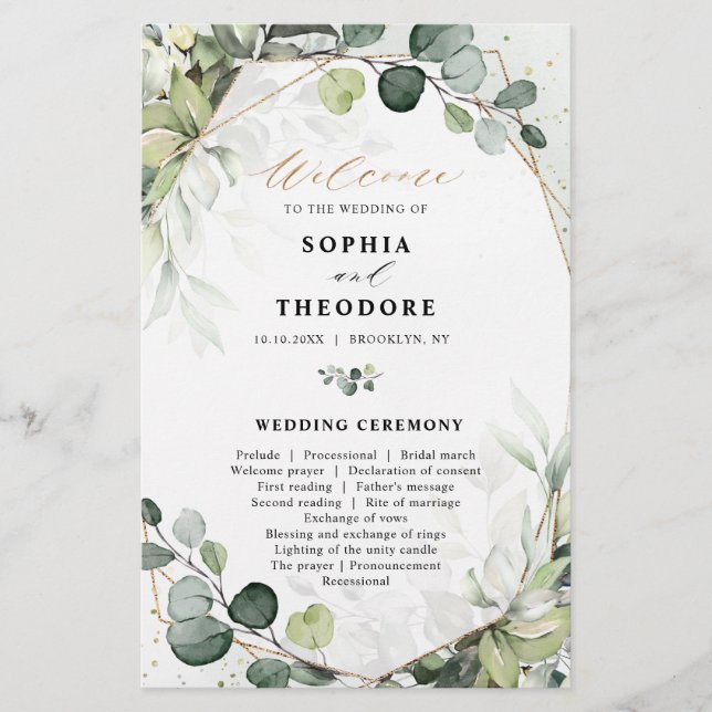 Eukalyptus Sage Greenery Modernes Hochzeitsprogram (Vorderseite)