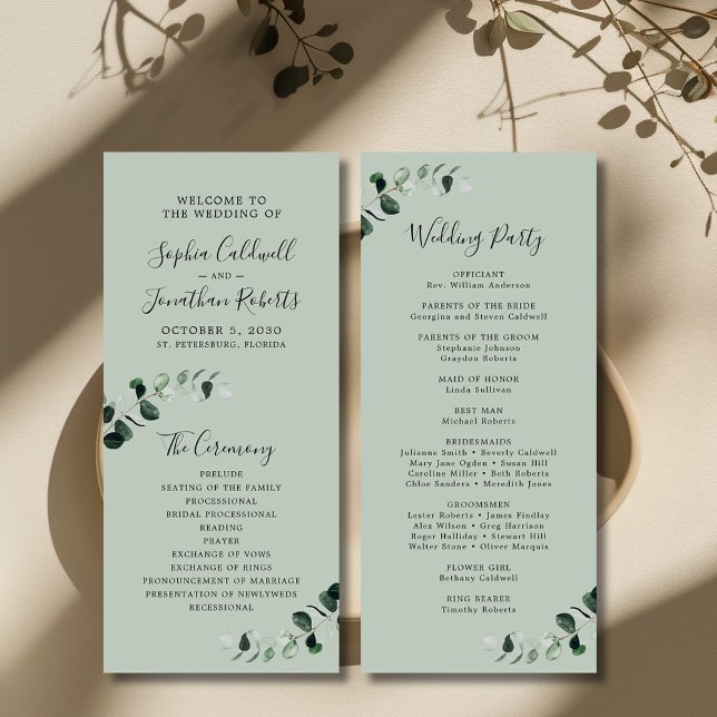 Eukalyptus Sage Romantische Kalligrafie Hochzeit Programm (Eucalyptus Sage Romantic Calligraphy Wedding Program)