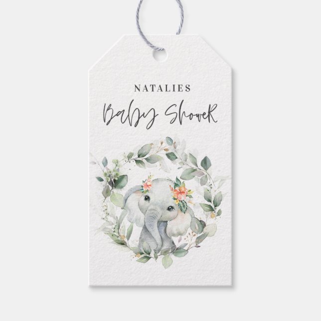 Eukalyptus Salbei niedlicher Elefant Babydusche Geschenkanhänger (Vorderseite)