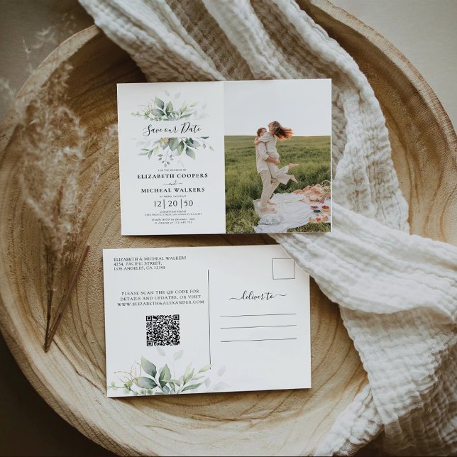 Eukalyptus Save the Date mit Foto Postkarte (Von Creator hochgeladen)