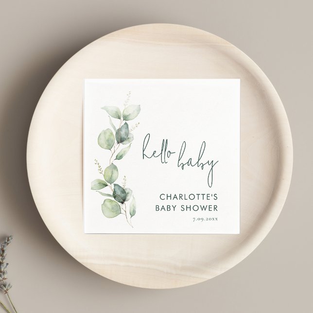 Eukalyptus Script-Babyduschpapier Serviette (Watercolor Eucalyptus Modern Script Baby Shower Paper Napkin)