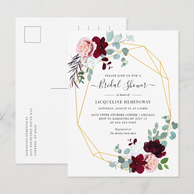 Eukalyptus Script Burgundy Floral Brautparty Einladungspostkarte (Vorne/Hinten)