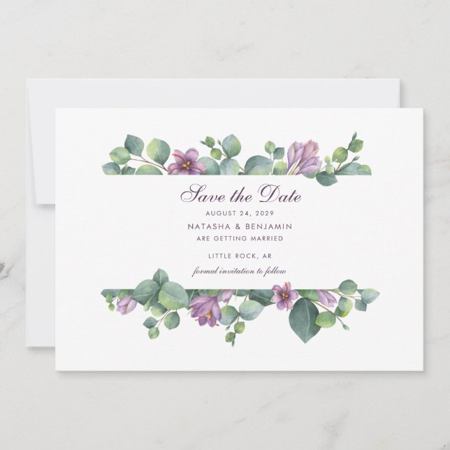 Eukalyptus Script florale botanische Vegetation Save The Date (Vorderseite)
