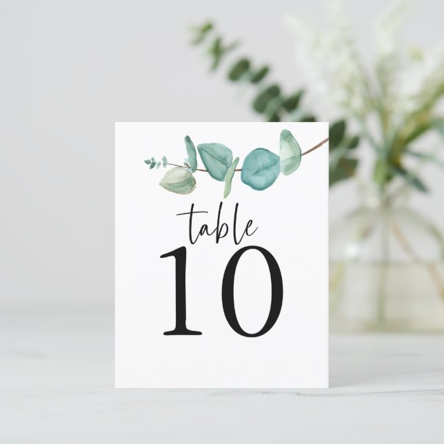 Eukalyptus Script-Hochzeitsskripte-Tischnummer (Stehend Vorderseite)