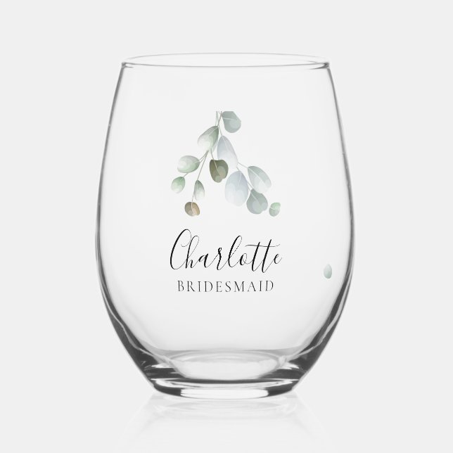 Eukalyptus Script Wedding Bridesmaid Weinglas Ohne Stiel (Vorderseite)