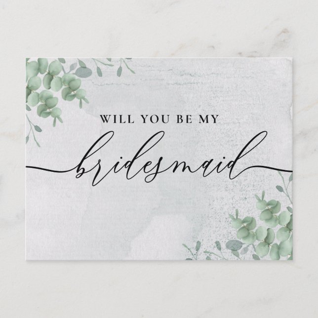 Eukalyptus Signature Calligraphy Bridesmaid Einladungspostkarte (Vorderseite)