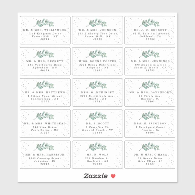 Eukalyptus Silver Foil Wedding Guest Address Label (Blatt)