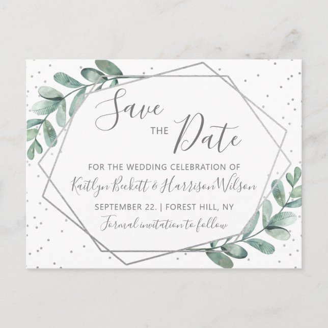 Eukalyptus Silver Geometric Save the Date Ankündigungspostkarte (Vorderseite)