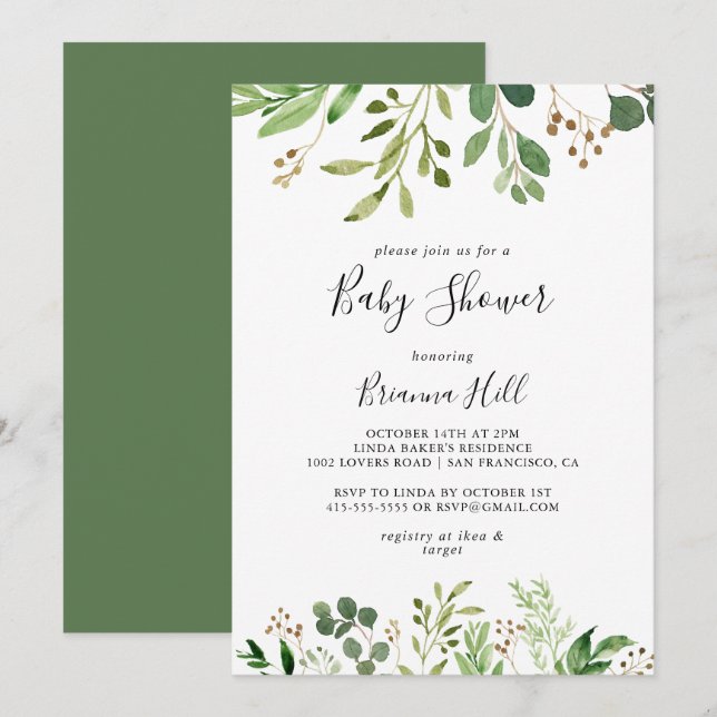 Eukalyptus Simple Brown Floral Baby Showroom Einladung (Vorne/Hinten)