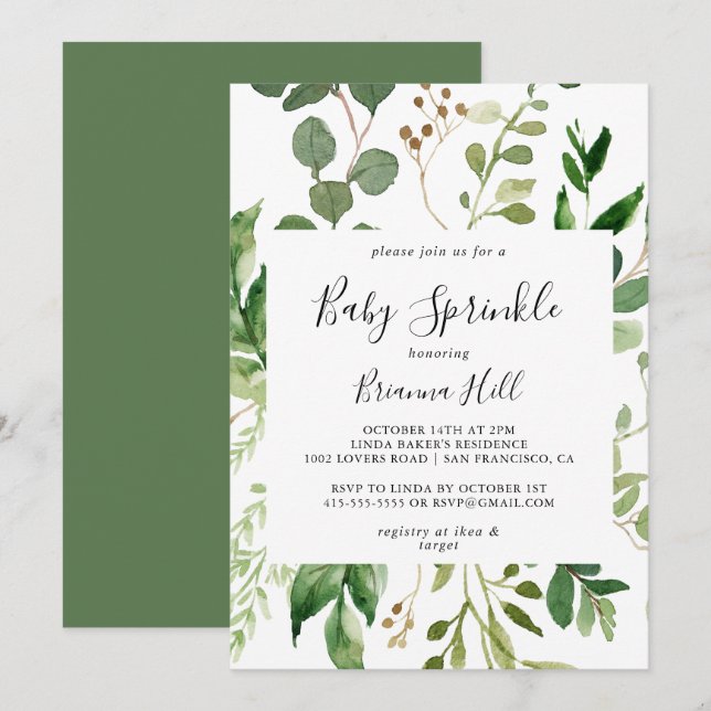 Eukalyptus Simple Brown Floral Baby Sprinkle Einladung (Vorne/Hinten)