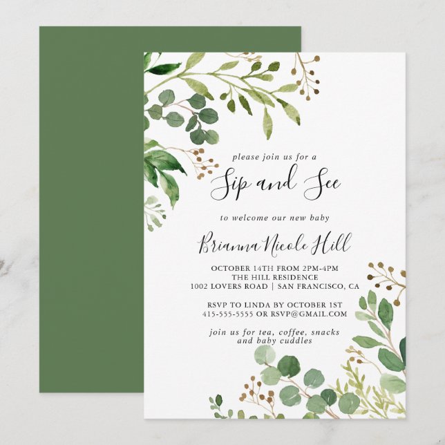 Eukalyptus Simple Brown Floral Sip und Siehe Einladung (Vorne/Hinten)