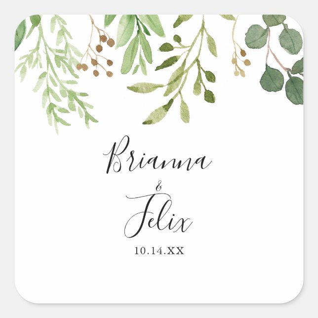 Eukalyptus Simple Floral Wedding Umschlag Aufklebe Quadratischer Aufkleber (Vorderseite)