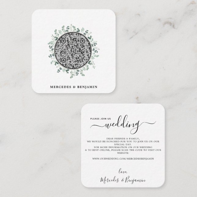 Eukalyptus Simple QR Code Hochzeitsempfehlung Quadratische Visitenkarte (Vorne/Hinten)