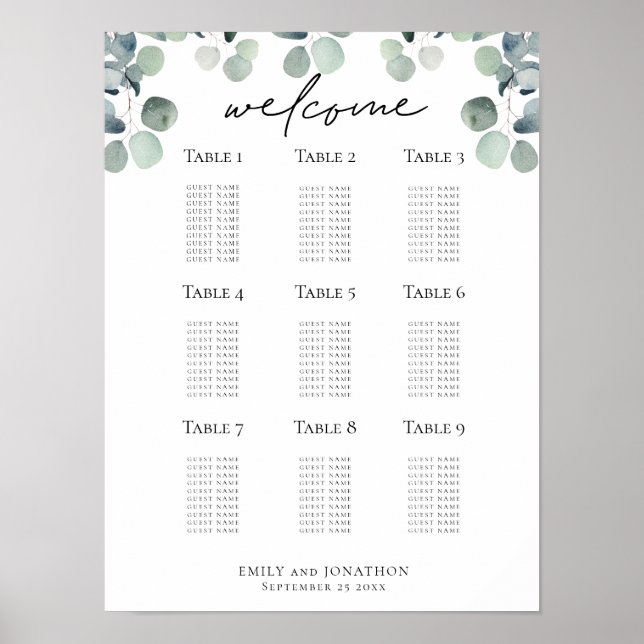 Eukalyptus-Sitzplan Hochzeitsplanung Begrüßungsübe Poster (Vorne)