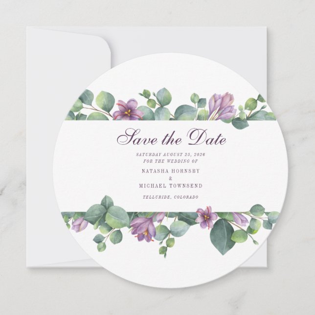Eukalyptus-SkriptWedding mit Aquarellfarbe Datum s (Vorderseite)