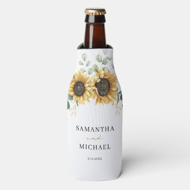 Eukalyptus-Sonnenblume Gastgeschenk Hochzeit Grüne Flaschenkühler (Flaschenvorderseite)