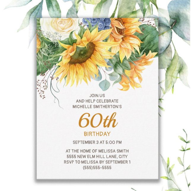 Eukalyptus-Sonnenblumen 60. Geburtstag Postkarte (Sunflowers and eucalyptus 60th birthday invitation)