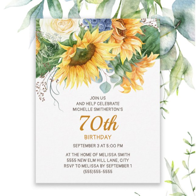 Eukalyptus-Sonnenblumen 70. Geburtstag Postkarte (Sunflowers and eucalyptus women's 70th birthday party postcard invitation)