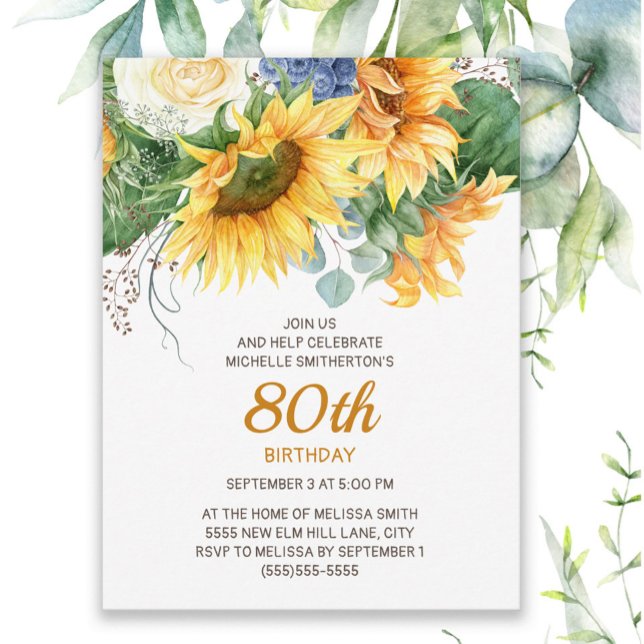 Eukalyptus-Sonnenblumen - 90. Geburtstag Postkarte (Sunflowers and eucalyptus women's 80th birthday invitation)