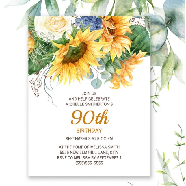 Eukalyptus-Sonnenblumen 90. Geburtstag Postkarte (Sunflowers and eucalyptus leaves women's 90th birthday party invitation)