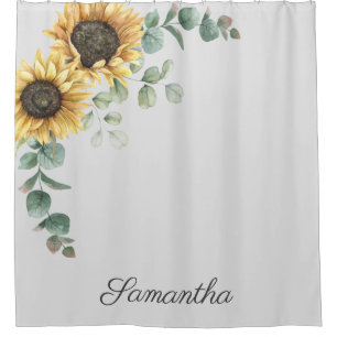 Eukalyptus-Sonnenblumen-Blätter Script Monogram Duschvorhang