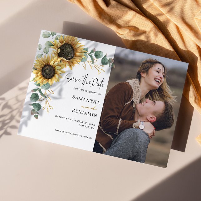 Eukalyptus-Sonnenblumen-Foto Hochzeit Save The Date (Sunflower Eucalyptus Script Photo Wedding Save the Date Announcement)