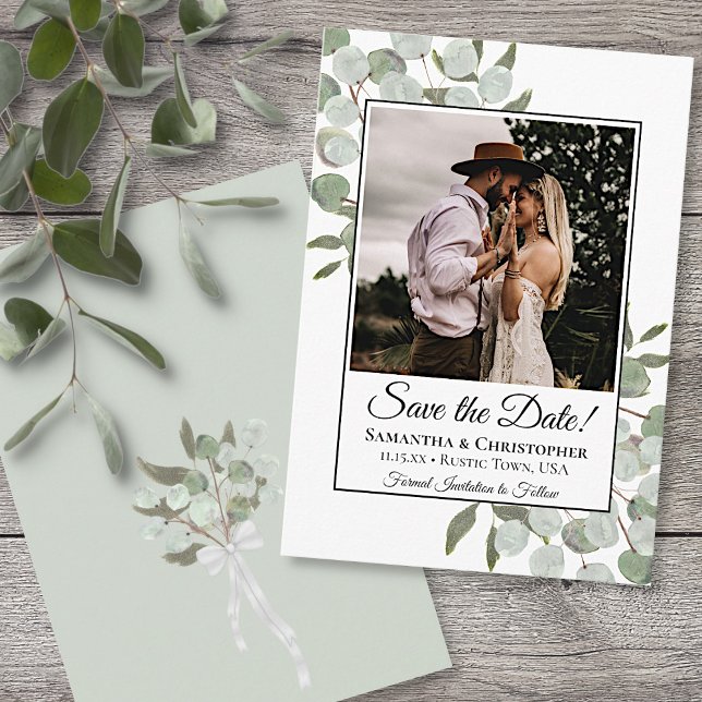 Eukalyptus Square Foto Wedding Save The Date (Front and Back)