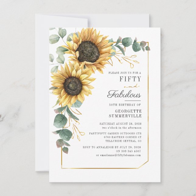 Eukalyptus Sunflower Blumenschrift 50. Geburtstag Einladung (Vorderseite)