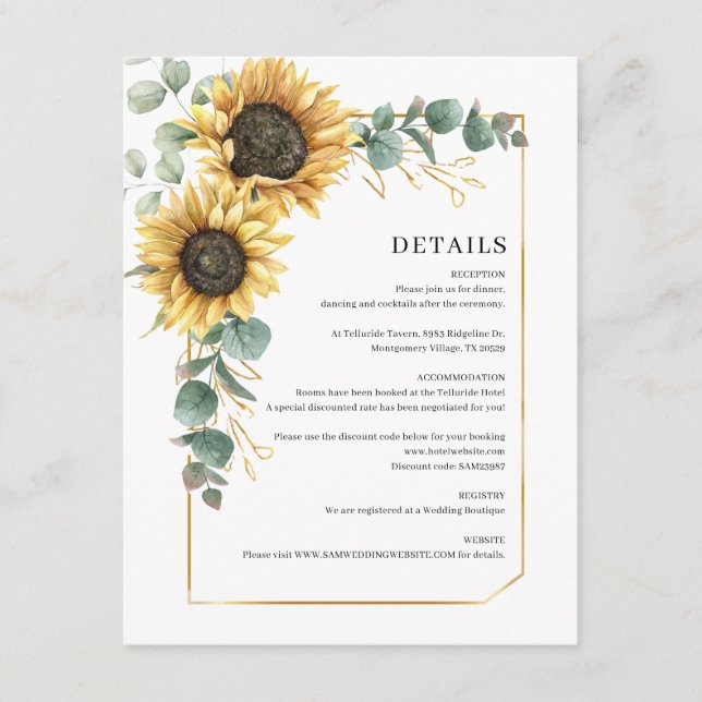Eukalyptus Sunflower Botanische Hochzeiten Details Begleitkarte (Vorderseite)
