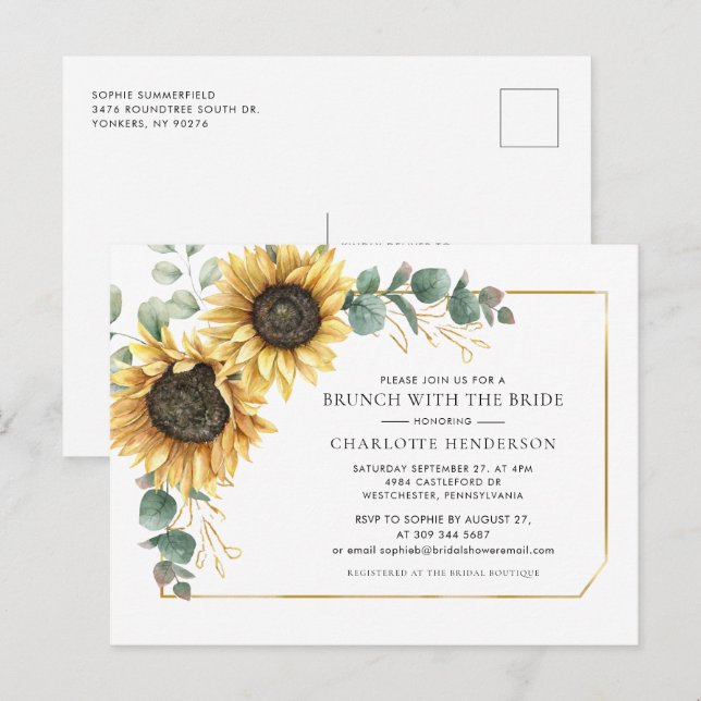 Eukalyptus Sunflower Bridal Brunch Einladungspostkarte (Vorne/Hinten)