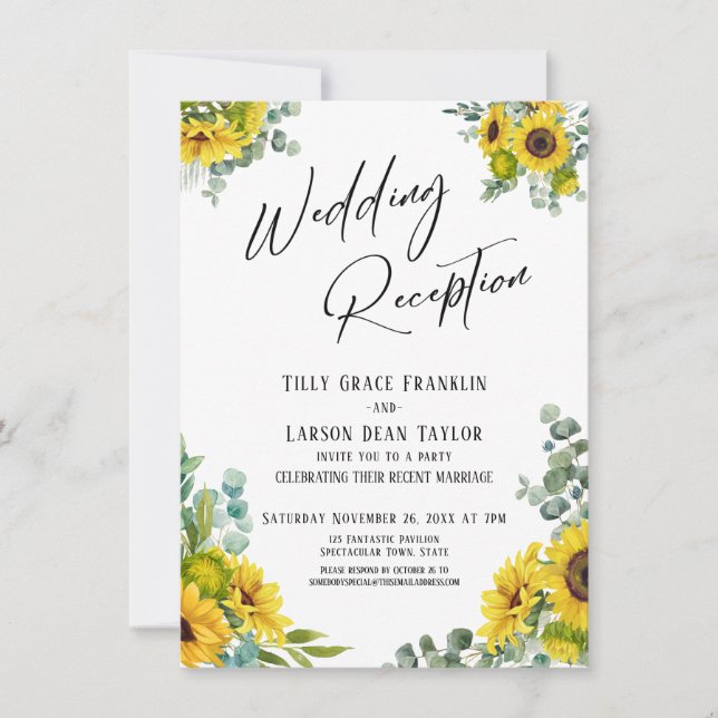 Eukalyptus Sunflower Handwriting Wedding Empfang Einladung (Vorderseite)