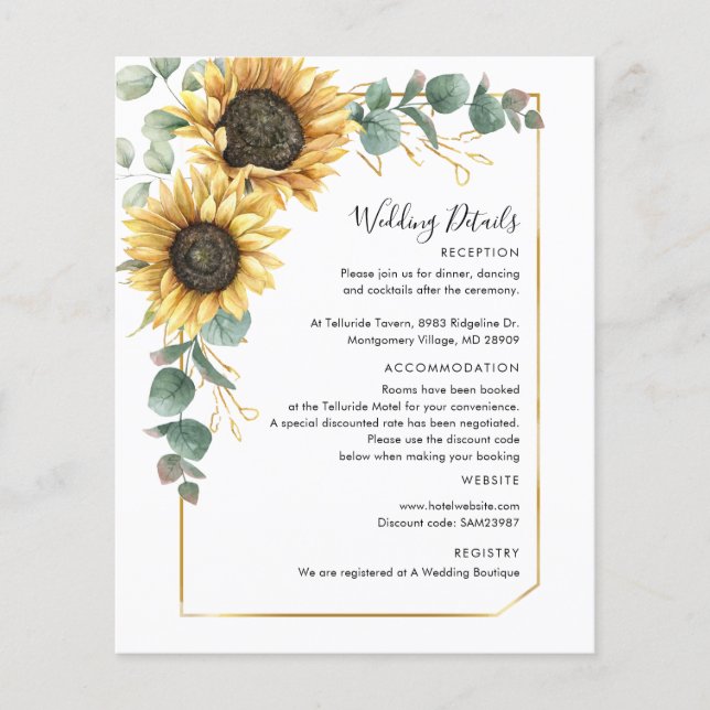 Eukalyptus Sunflower Wedding Details Card (Vorderseite)