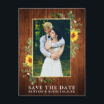 Eukalyptus Sunflower Wood Save the Date Postkarte<br><div class="desc">Moderne Eukalyptus Grünpflanzen Sonnenblumen Rahmen Save the Date Foto Verlobung Ankündigung Postcard - Goldrahmen,  rustikales Land Holz</div>
