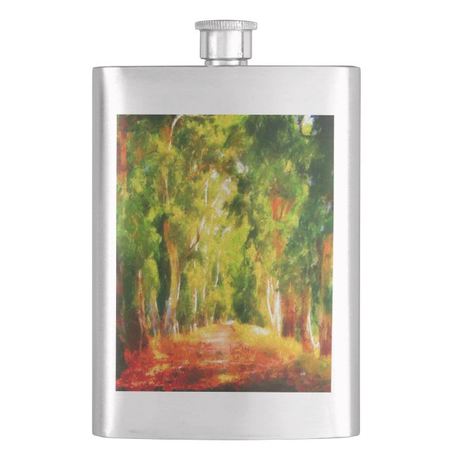 Eukalyptus Tree Lined Avenue Pointillism Art Flachmann (Vorderseite)