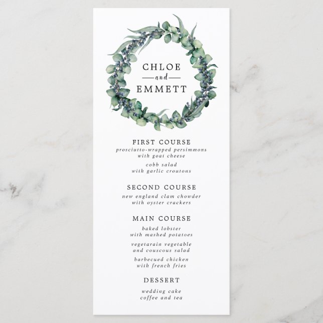 Eukalyptus und Berry Wreath Botanische Hochzeit Menükarte (Vorderseite)