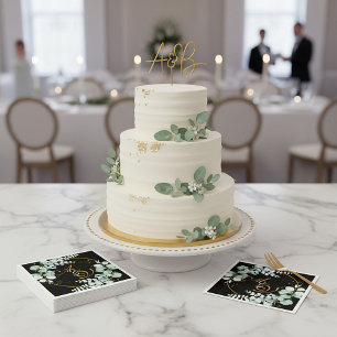 Eukalyptus und Gold auf schwarzer personalisierter Serviette