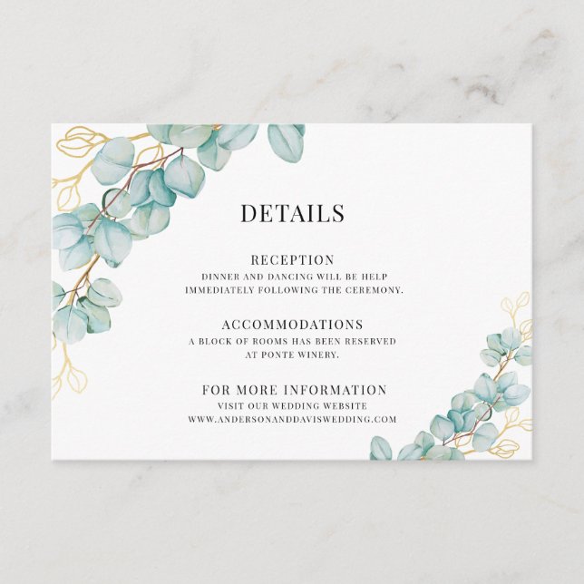 Eukalyptus und Gold Botanicals Hochzeitdetails Begleitkarte (Vorderseite)