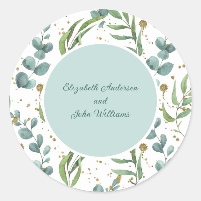 Eukalyptus und Goldcouple Wedding Runder Aufkleber (Vorderseite)