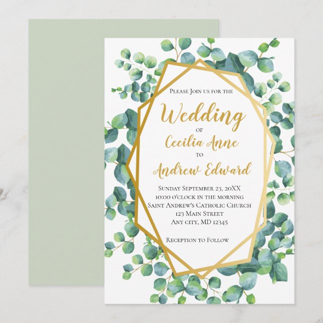 Eukalyptus und Goldrahmen Grüne Blumenhochzeit Einladung (Vorne/Hinten)