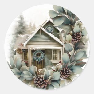 Eukalyptus- und Kiefern-Landhaus-Weihnachtshaus Runder Aufkleber