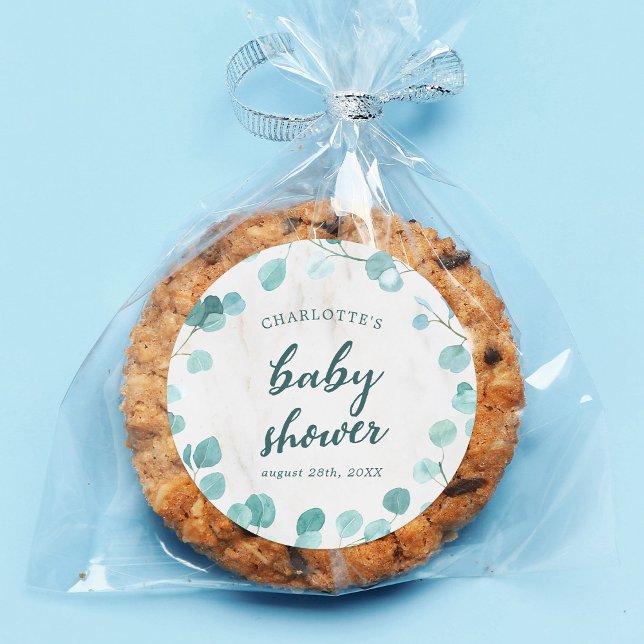 Eukalyptus und Marble Baby Dusche Runder Aufkleber (Von Creator hochgeladen)