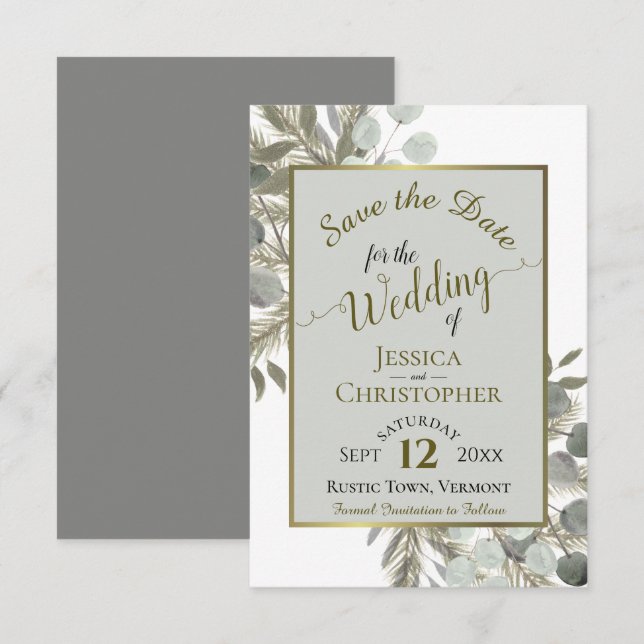 Eukalyptus und Pine Gray Wedding Save The Date (Vorne/Hinten)
