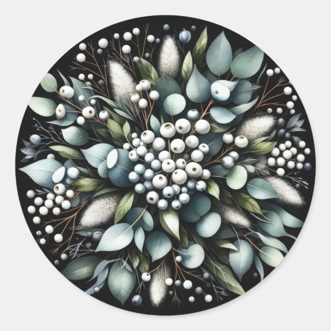 Eukalyptus und Snowberries Wasserfarbe Runder Aufkleber (Vorderseite)