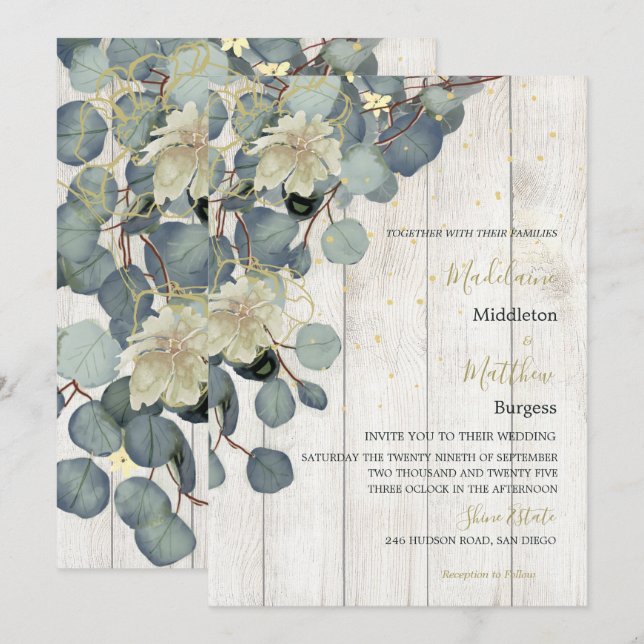 Eukalyptus Verlasse florales Rustikales Holz-GoldW Einladung (Vorne/Hinten)