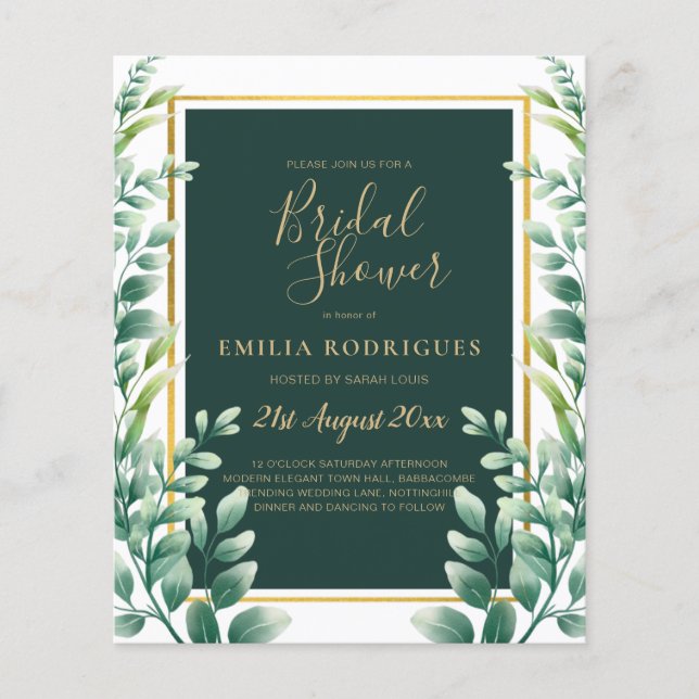 Eukalyptus Verlasse GOLD Bridal Dusche Einladung Flyer (Vorne)